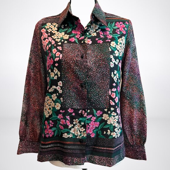 Vintage Black Vivid Floral Print Polyester Blouse by Personal Leslie Fay Size 12 - Picture 1 of 7